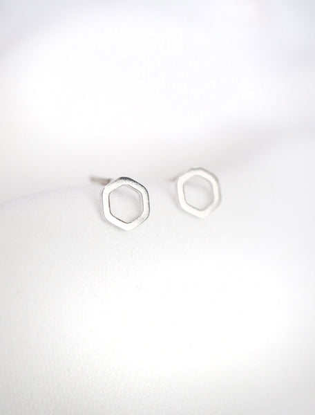 silver open hexagon earrings